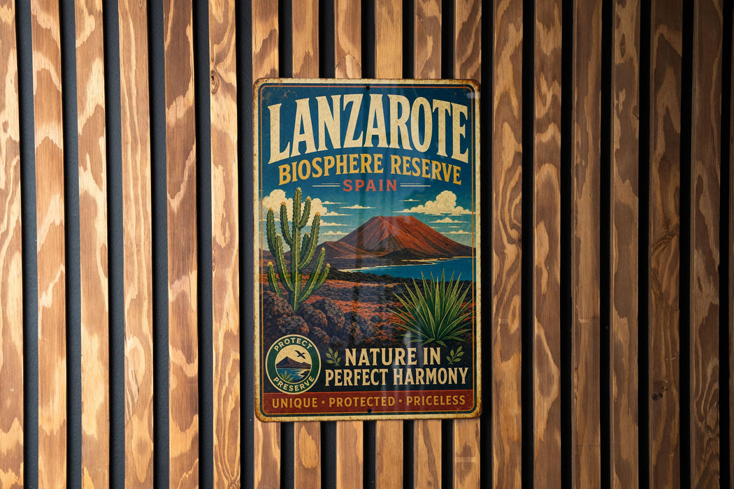 A vintage-style metal sign for Lanzarote Biosphere Reserve in Spain, featuring a desert landscape with cacti and mountains.