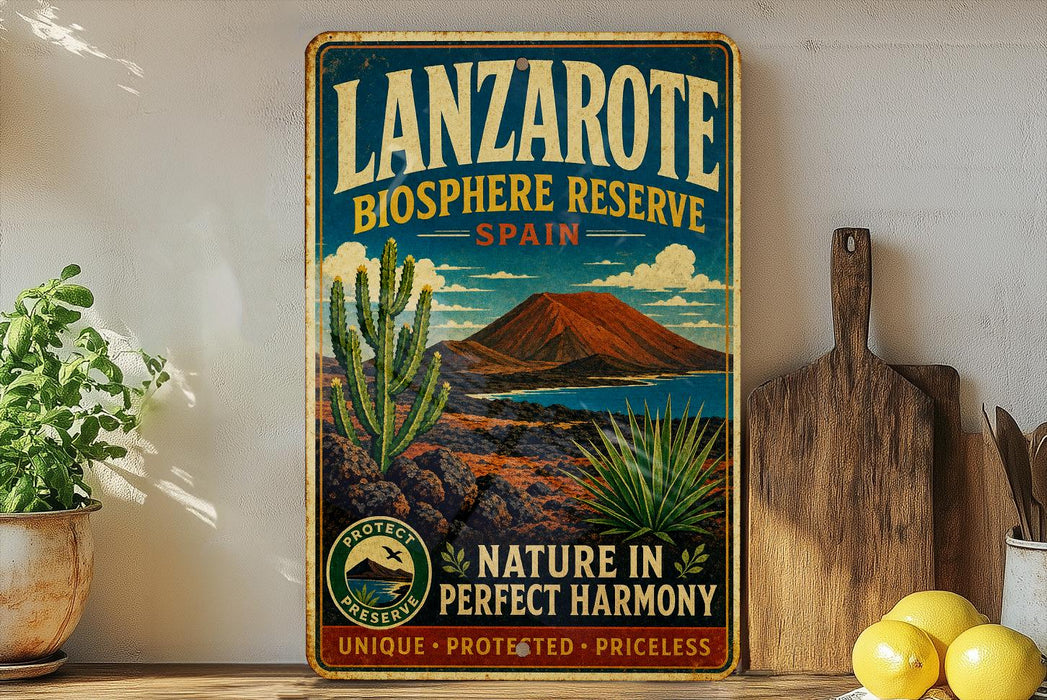 A vintage-style sign for Lanzarote Biosphere Reserve, Spain, featuring a desert landscape with a mountain and cacti.