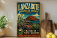 A vintage-style sign for Lanzarote Biosphere Reserve, Spain, featuring a desert landscape with a mountain and cacti.