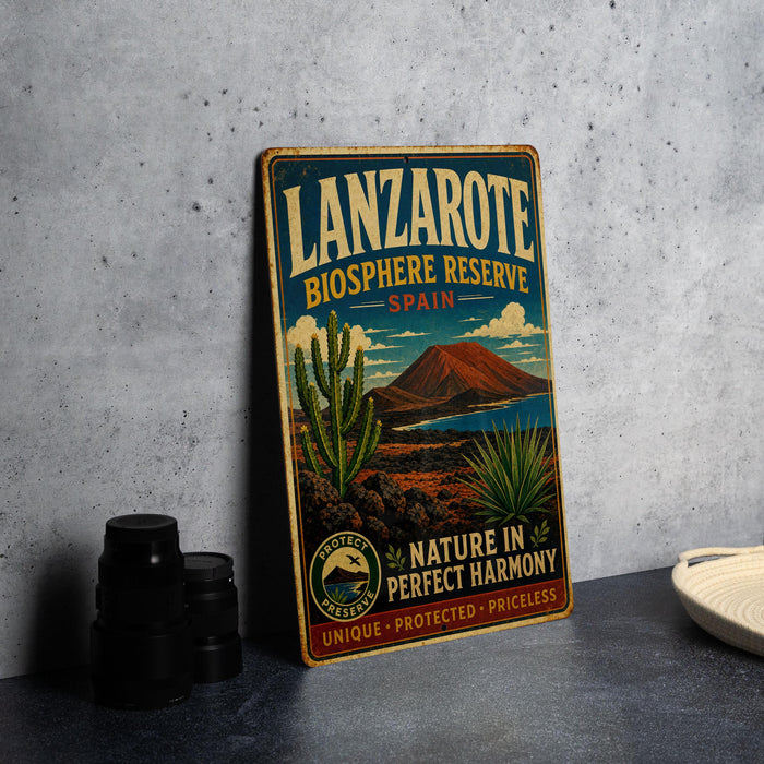 A vintage-style sign for Lanzarote Biosphere Reserve in Spain, featuring a desert landscape with a cactus and mountains in the background.