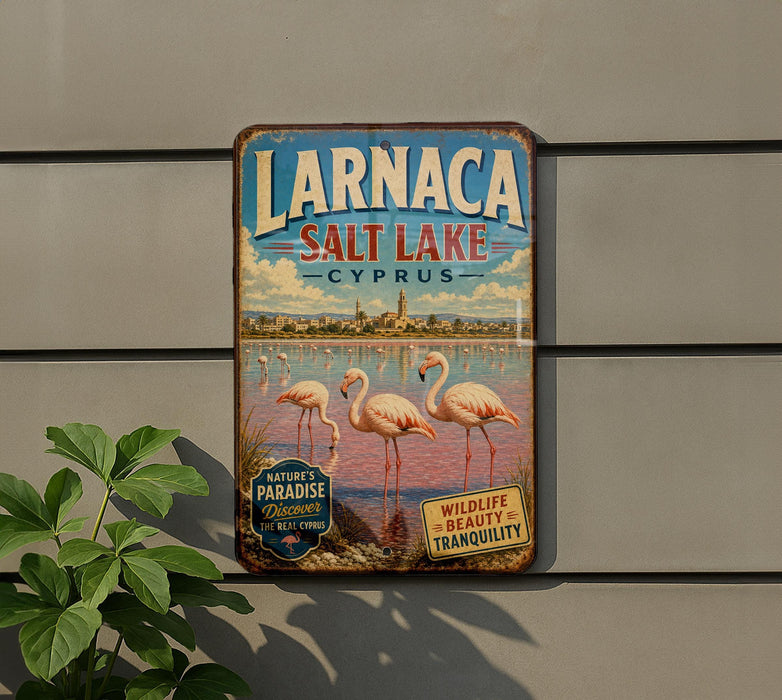 A vintage-style sign for Larnaca Salt Lake, Cyprus, featuring a scenic image of flamingos in the foreground and a cityscape in the background.