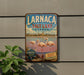 A vintage-style sign for Larnaca Salt Lake, Cyprus, featuring a scenic image of flamingos in the foreground and a cityscape in the background.