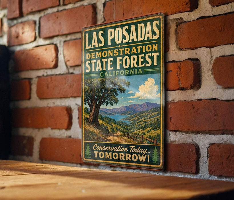 A vintage metal sign for the Las Posadas State Forest in California, featuring a scenic landscape with mountains, trees, and a lake.