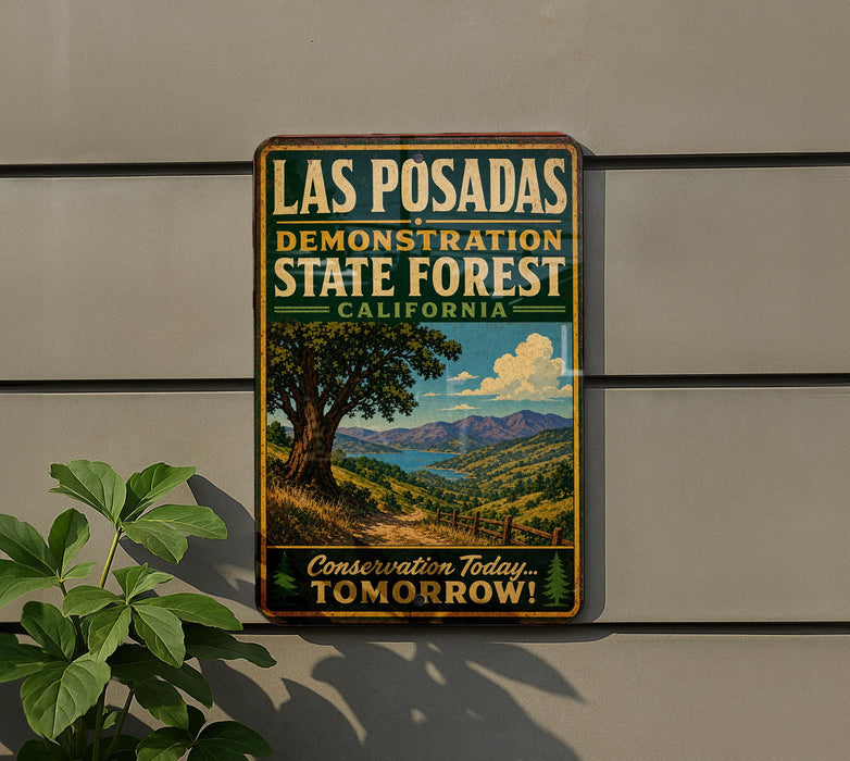 A vintage-style metal sign for the Las Posadas State Forest in California, featuring a scenic landscape with a tree and mountains in the background.