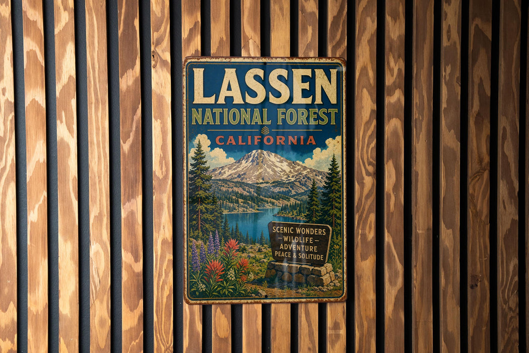A vintage-style metal sign for the Lassen National Forest in California, featuring a scenic mountain landscape with a lake and pine trees.