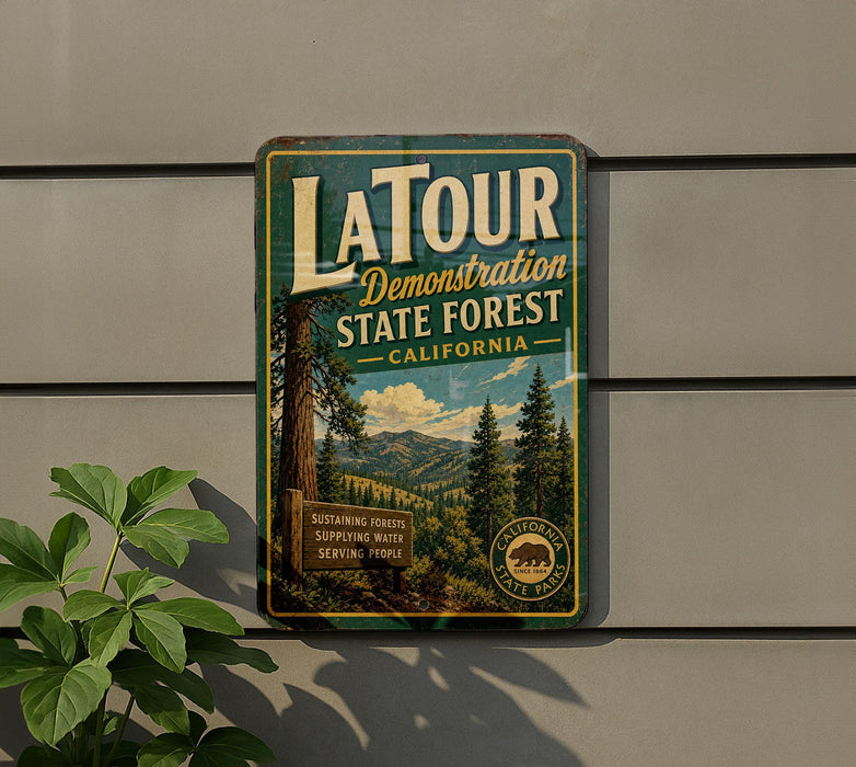 A vintage-style metal sign for LaTour, a demonstration forest in California, featuring a scenic image of a forest and mountains.