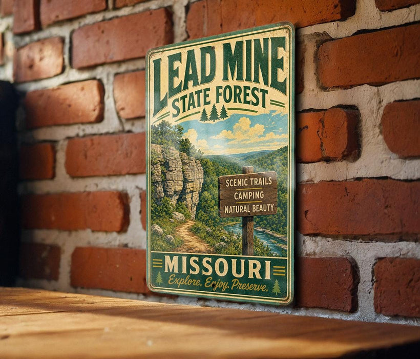 A vintage-style metal sign for the Lead Mine State Forest in Missouri, featuring a scenic mountain landscape and camping and natural beauty information.