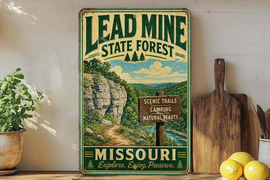 A vintage-style metal sign for the Lead Mine State Forest in Missouri, featuring a scenic mountain landscape and trail signs.
