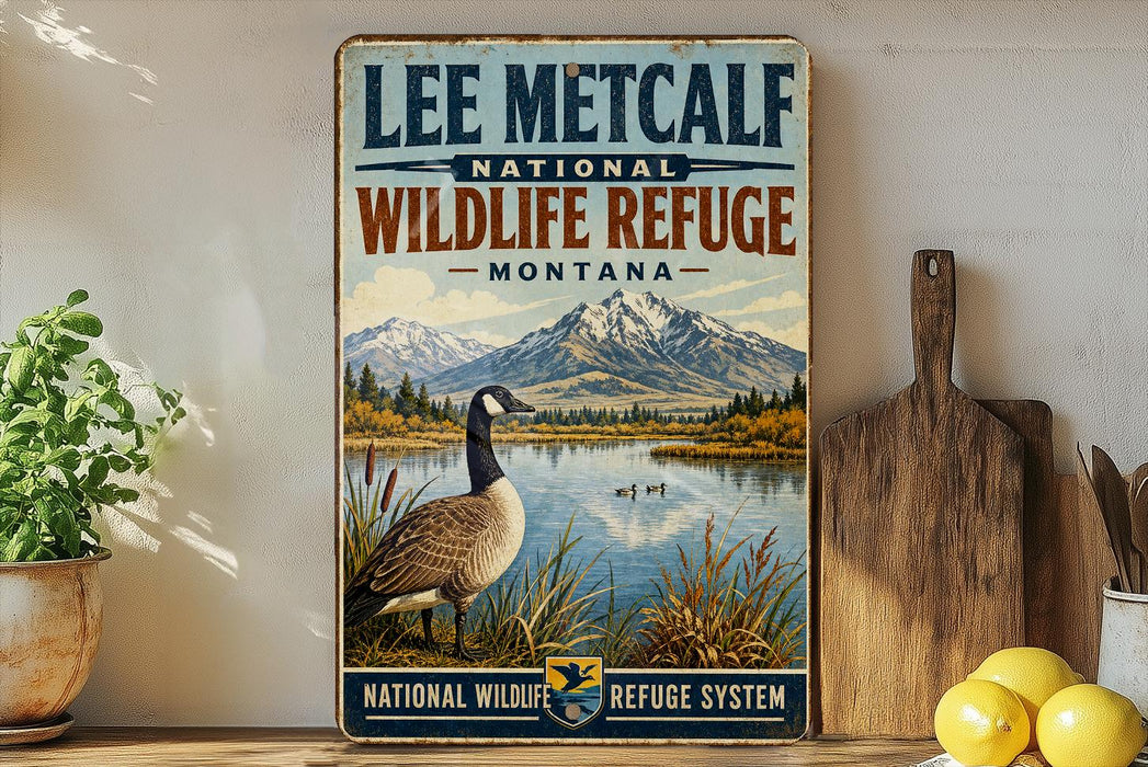 A vintage-style sign for Lee Metcalf National Wildlife Refuge in Montana, featuring a goose standing on a grassy bank with a mountain backdrop.