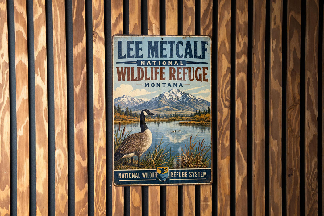 A vintage metal sign for the Lee Metcalf National Wildlife Refuge in Montana, featuring a goose and a mountain landscape.