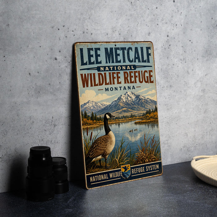 A vintage-style metal sign for the Lee Metcalf National Wildlife Refuge in Montana, featuring a goose and a mountain landscape.