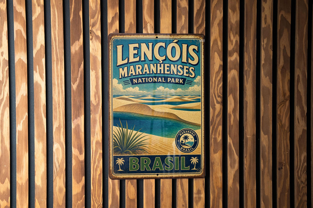 A vintage-style metal sign with the text "LENCÔIS MARANHENES" and "NATIONAL PARK" is displayed on a wooden wall.