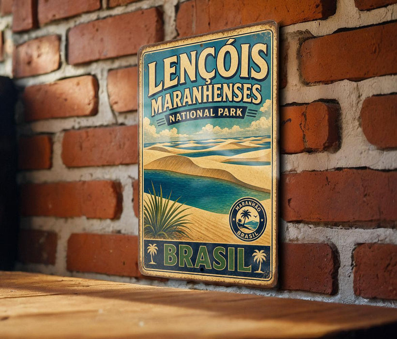 A vintage-style metal sign for Lençois Maranhenses National Park in Brazil, featuring a beach scene and palm trees.