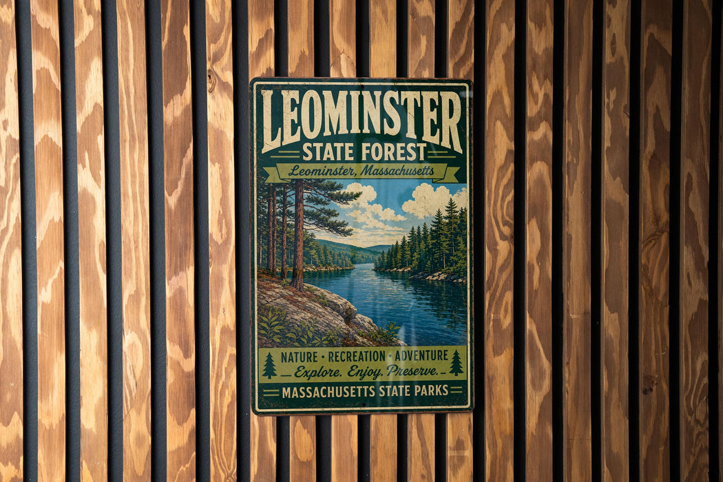 A vintage-style metal sign for Leominster State Forest in Massachusetts, featuring a scenic landscape with pine trees, a river, and a cloudy sky.