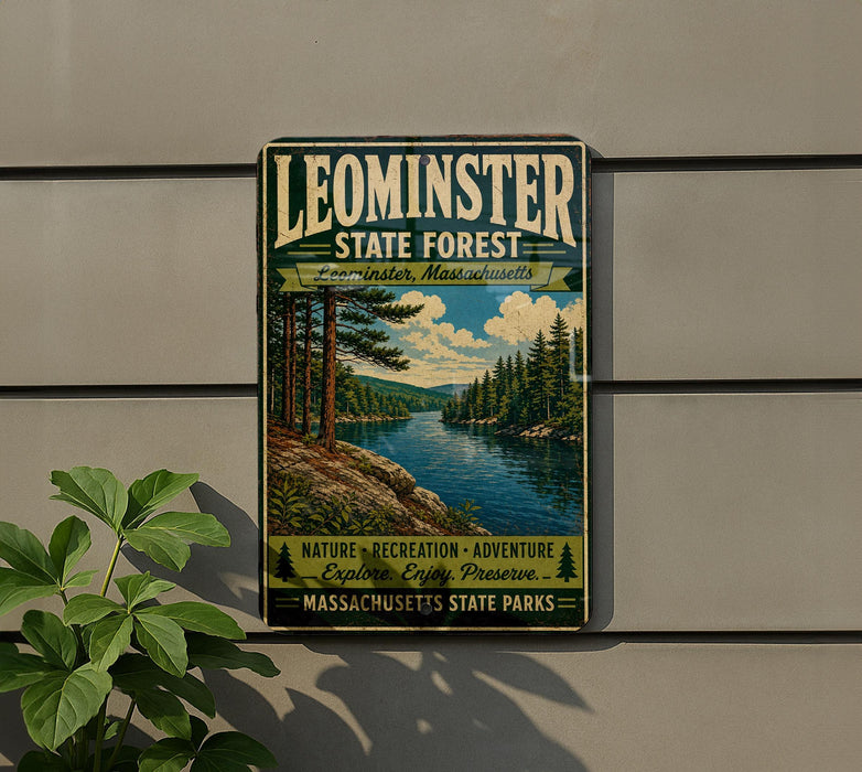 A vintage-style sign for Leominster State Forest in Massachusetts, featuring a scenic landscape with pine trees, a river, and mountains.