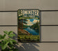 A vintage-style sign for Leominster State Forest in Massachusetts, featuring a scenic landscape with pine trees, a river, and mountains.