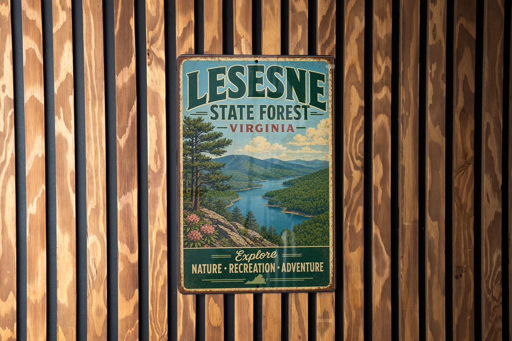 A vintage-style metal sign for LESNESE STATE FOREST, Virginia, hanging on a wooden wall.