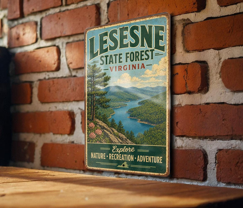 A vintage-style metal sign for LESNESE STATE FOREST, Virginia, mounted on a brick wall.