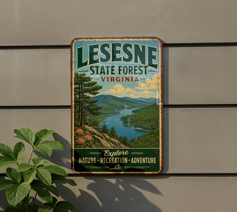 A vintage-style metal sign for LESNESE State Forest, Virginia, featuring a scenic mountain landscape with a river and pine trees.