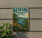 A vintage-style metal sign for LESNESE State Forest, Virginia, featuring a scenic mountain landscape with a river and pine trees.