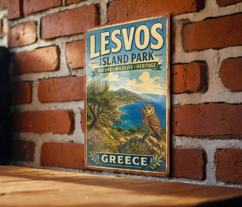 A vintage-style metal sign for LESVOS ISLAND PARK in Greece, featuring an illustration of a scenic landscape with an owl perched on a cliff overlooking the sea.