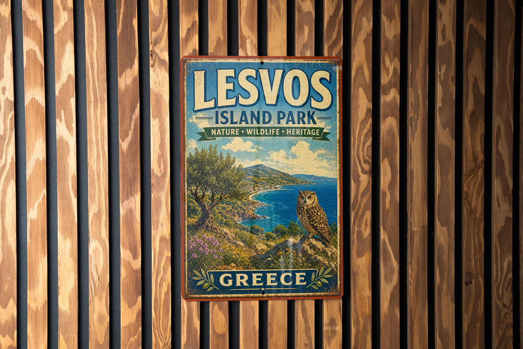 A vintage-style sign for "Lesvos Island Park" in Greece, featuring an owl perched on a cliff overlooking the sea.