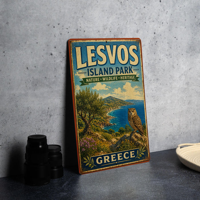 A vintage-style sign for "Lesvos Island Park" in Greece, featuring an illustration of a scenic landscape with an owl perched on a rock.