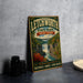 A vintage-style metal sign for Lechworth State Park in New York, featuring a scenic image of a waterfall surrounded by lush greenery.