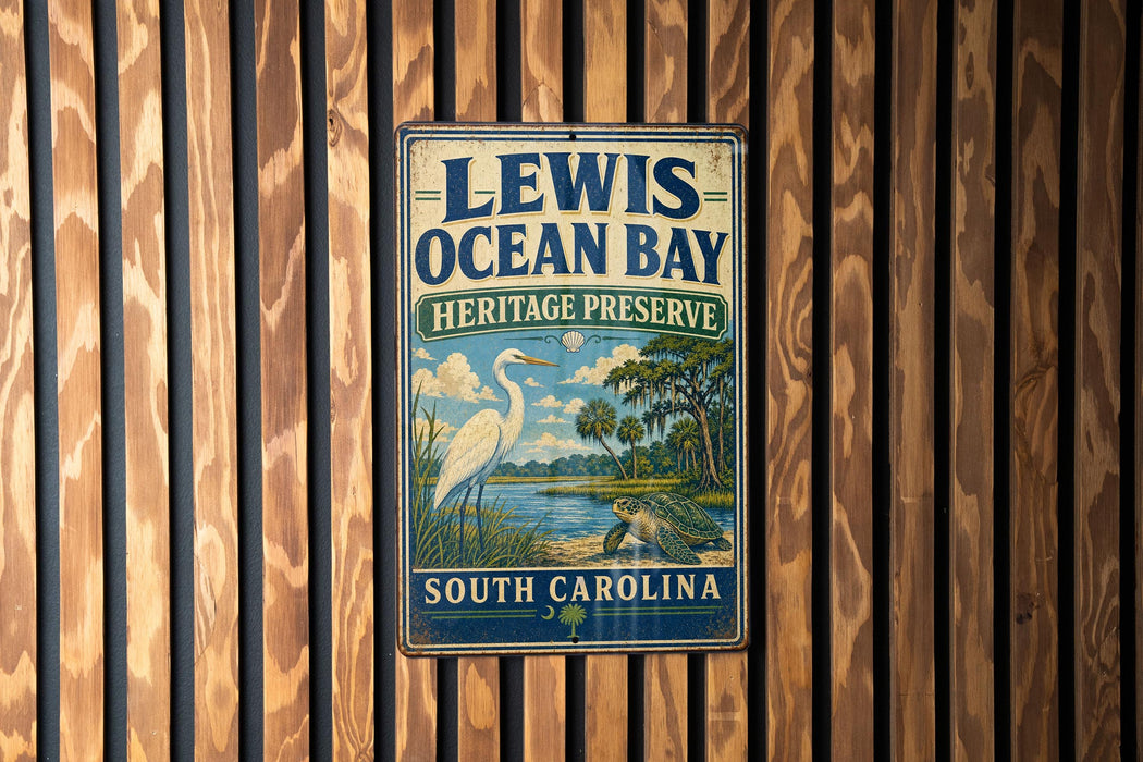 A metal sign with the text "LEWIS OCEAN BAY HERITAGE PRESERVE SOUTH CAROLINA" is displayed on a wooden fence.