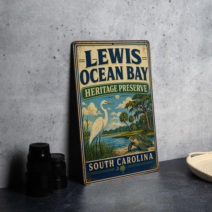 A vintage metal sign for the Lewis Ocean Bay Heritage Preserve in South Carolina, featuring an illustration of a seagull, a turtle, and a palm tree.