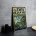 A vintage metal sign for the Lewis Ocean Bay Heritage Preserve in South Carolina, featuring an illustration of a seagull, a turtle, and a palm tree.