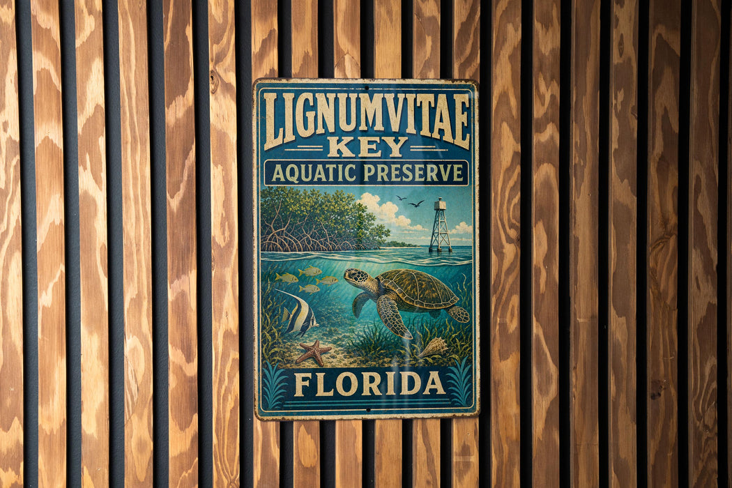 A vintage metal sign for Lignum Vitae Key Aquatic Preserve in Florida, featuring an illustration of a turtle swimming in the ocean.