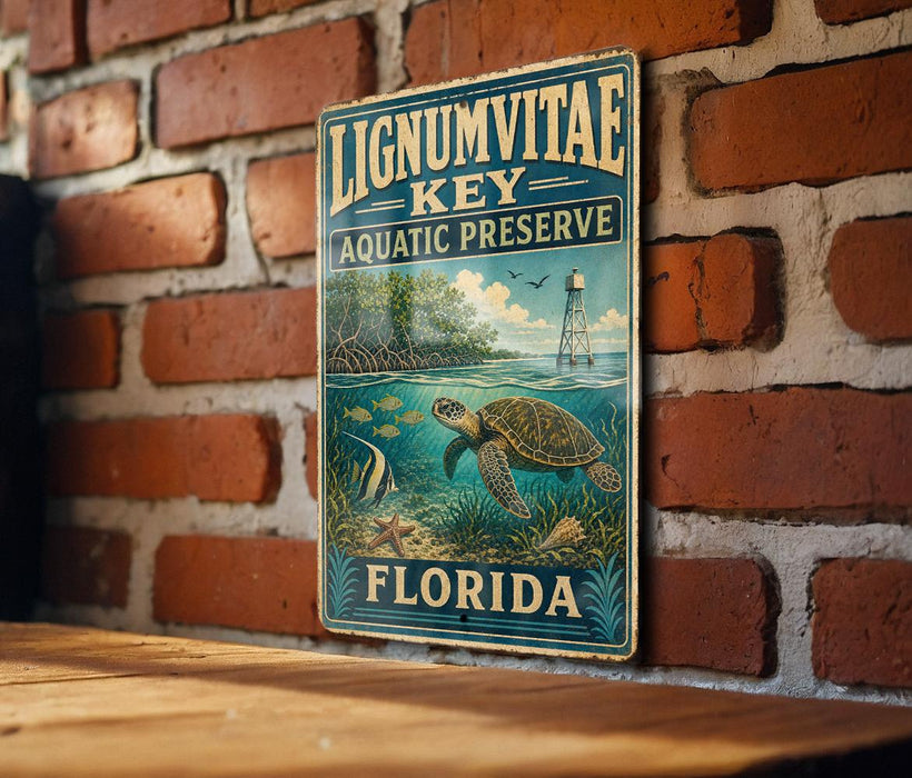 A vintage-style metal sign for Lignum vitae Key Aquatic Preserve in Florida, featuring an illustration of a turtle swimming in the ocean.