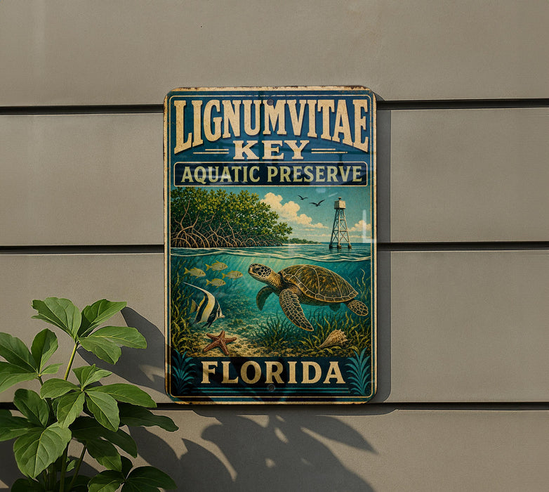 A vintage-style metal sign for the Lignum Vitae Key Aquatic Preserve in Florida, featuring a turtle, fish, and palm trees in a tropical setting.