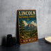 A vintage-style sign for the Lincoln National Forest in New Mexico, featuring a mountain landscape and pine trees.