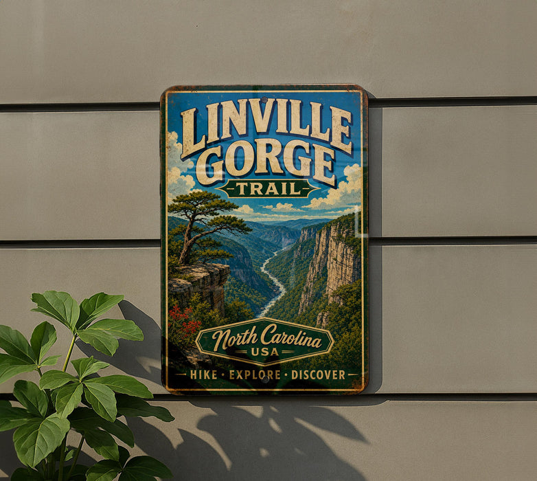 A vintage-style metal sign for the Linville Gorge Trail in North Carolina, featuring a scenic mountain landscape with a winding river.