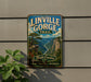 A vintage-style metal sign for the Linville Gorge Trail in North Carolina, featuring a scenic mountain landscape with a winding river.