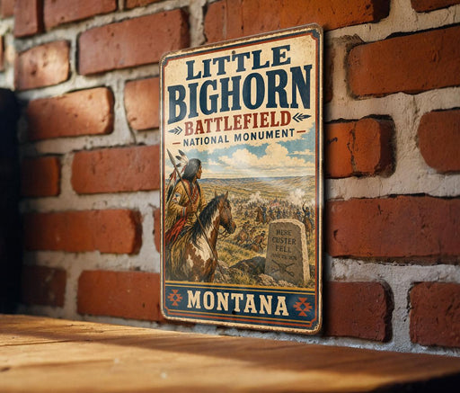 A vintage metal sign for the Little Big Horn Battlefield National Monument in Montana, featuring an illustration of a Native American on horseback.