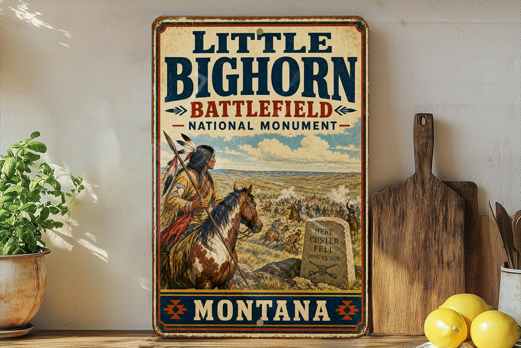 A vintage-style metal sign for Little Big Horn Battlefield National Monument in Montana, featuring an illustration of a Native American man on horseback.