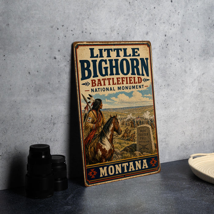 A vintage-style metal sign advertising the Little Big Horn Battlefield National Monument in Montana.