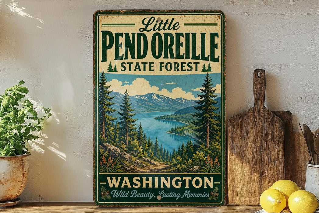 A vintage-style sign for Little Pend Oreille State Forest in Washington, featuring a scenic mountain landscape with pine trees and a lake.