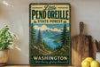 A vintage-style sign for Little Pend Oreille State Forest in Washington, featuring a scenic mountain landscape with pine trees and a lake.