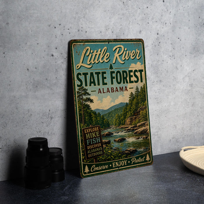 A vintage-style metal sign for Little River State Forest, Alabama, featuring a scenic image of a river surrounded by trees and mountains.