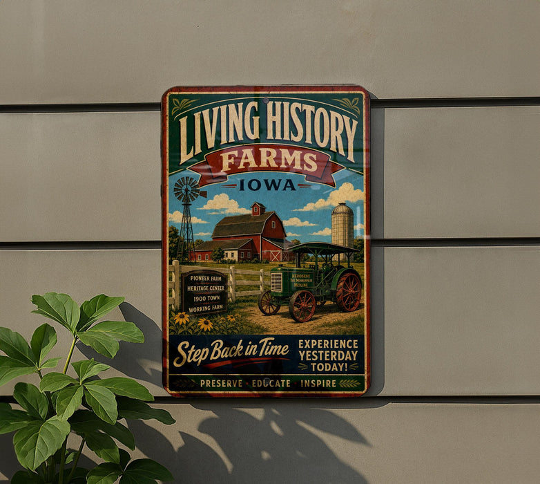 a vintage-style sign for "Living History Farms" in Iowa, with a farm scene and a tractor on display.
