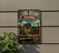 a vintage-style sign for "Living History Farms" in Iowa, with a farm scene and a tractor on display.