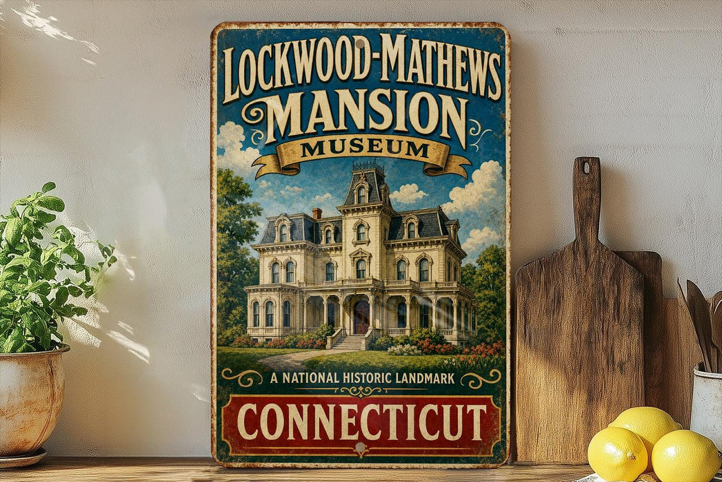 A vintage-style sign for the Lockwood-Mathews Mansion Museum in Connecticut, featuring an illustration of a large, ornate mansion surrounded by trees and flowers.