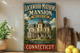 A vintage-style sign for the Lockwood-Mathews Mansion Museum in Connecticut, featuring an illustration of a large, ornate mansion surrounded by trees and flowers.
