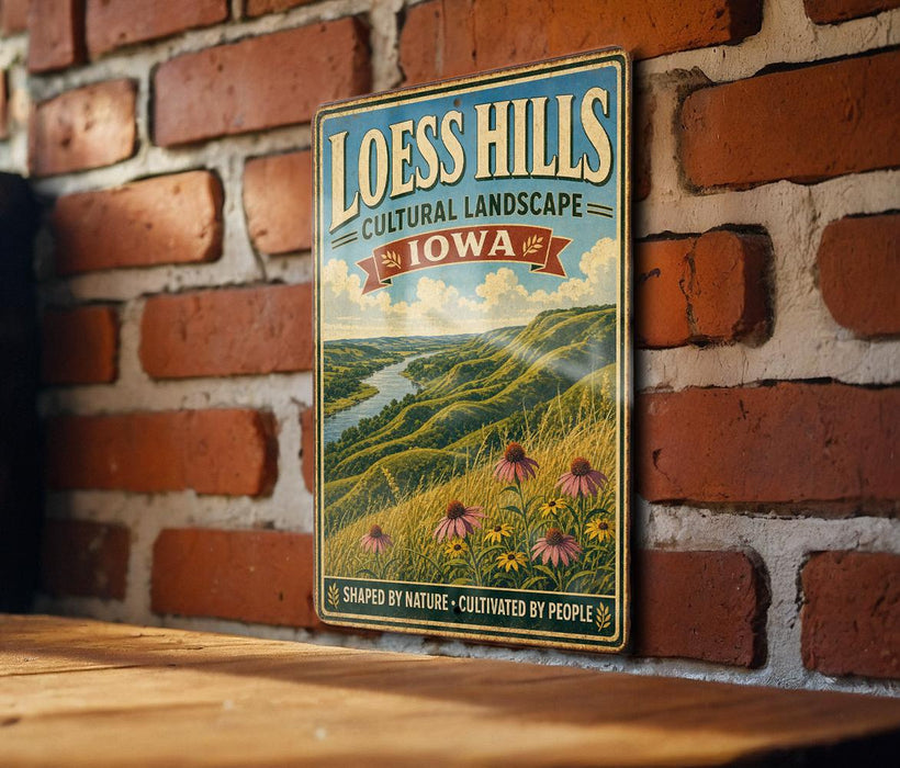 A vintage-style metal sign for Loess Hills, Iowa, featuring a scenic landscape with a river, mountains, and flowers.