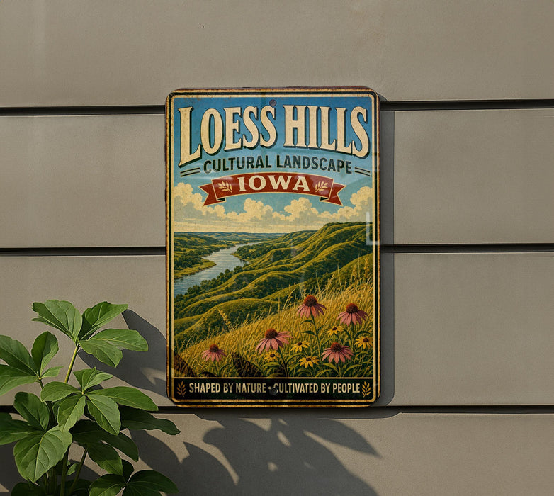 A vintage-style metal sign for Loess Hills, Iowa, featuring a scenic landscape with a river and flowers.