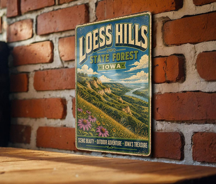 A vintage-style metal sign for Loess Hills State Forest, Iowa, featuring a scenic landscape with mountains, flowers, and a river.